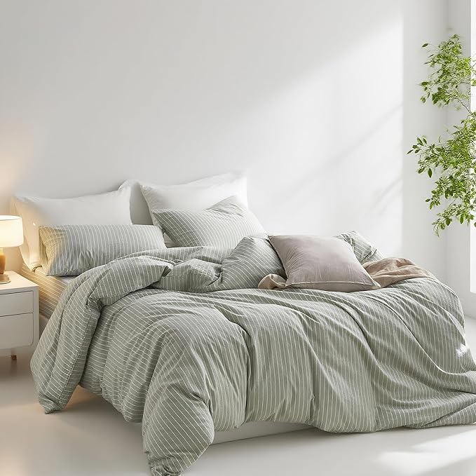 Nayoroom Green Striped Duvet Cover Queen Size 100% Washed Cotton White - Image 3