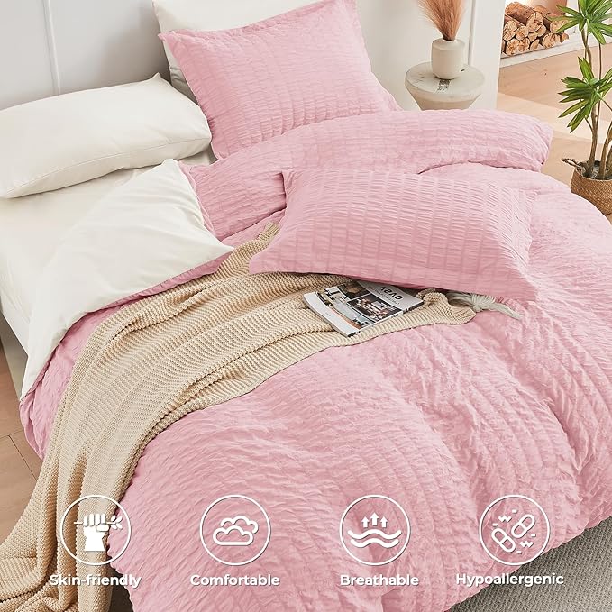 HYMOKEGE Pink/Ivory Full Size Comforter Sets Seersucker 7 Pieces, All Season - Image 3