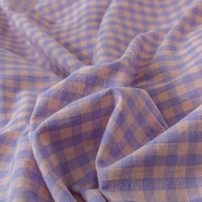 mixinni Purple Gingham Grid Duvet Cover Twin, 100% Washed Cotton Modern - Image 5