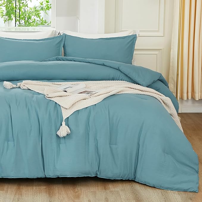 Litanika Grayish Teal Comforter Queen Size, 3 Pieces Lightweight Solid Bedding - Image 3