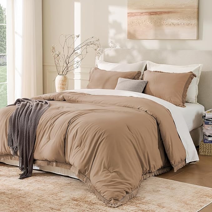 Andency Taupe Comforter Set King Size, 3 Pieces Boho Tassel Lightweight Bedding by Andency