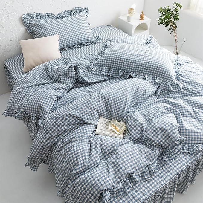 mixinni Blue White Gingham Ruffle Duvet Cover Twin XL Size 3 Pieces – 100% - Image 3