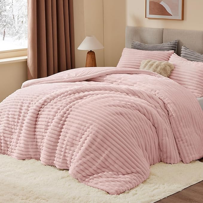 BEDELITE Fleece Queen Comforter Set -Super Soft & Warm Fluffy Pink Bedding - Image 2