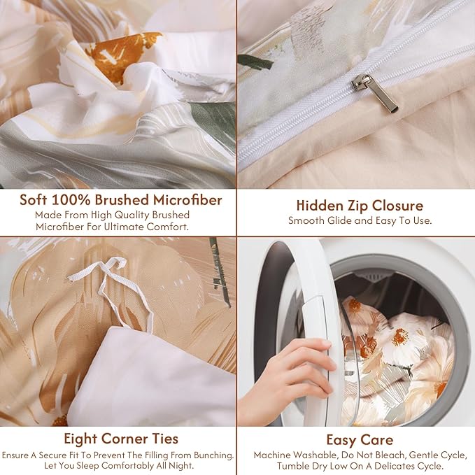 LONAVA King Flower 3 Pcs Duvet Cover Set, Breathable Soft Microfiber Biege - Image 7