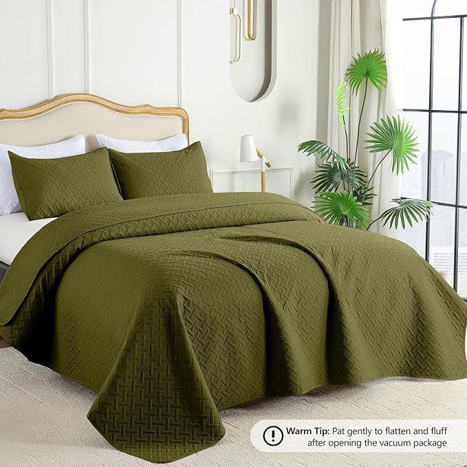 FLYMME Quilts Queen Size, Lightweight Olive Green Bedspreads, Basket Weave - Image 2