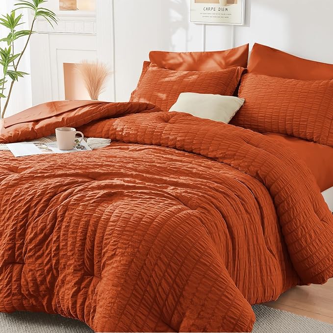 HYMOKEGE Burnt Orange King Size Comforter Set Seersucker 7 Pieces, All Season by HYMOKEGE