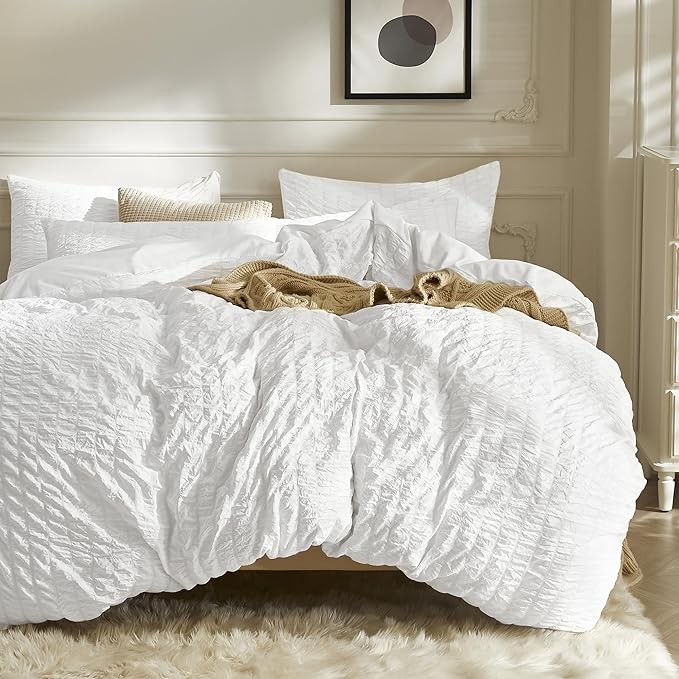 JELLYMONI Bright White Duvet Cover Full Size, Soft Breathable Seersucker Duvet by JELLYMONI