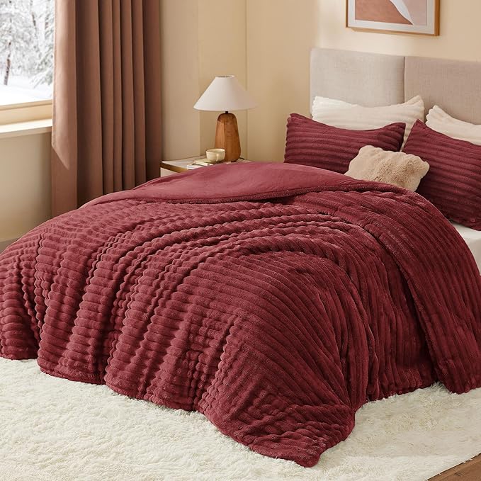 BEDELITE Fleece Full Comforter Set -Super Soft & Warm Fluffy Burgundy Bedding - Image 3