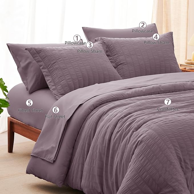 CozyLux King Size Comforter Set Dusty Purple Seersucker 7 Pieces Bed in a Bag - Image 8