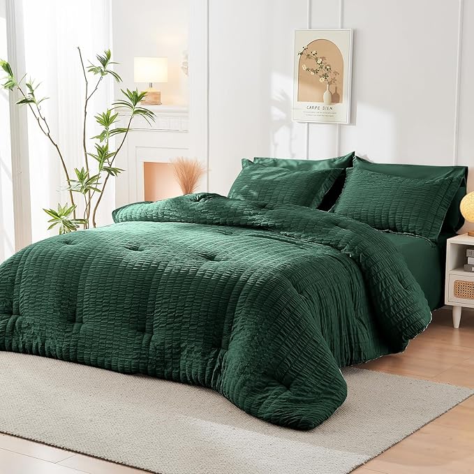 HYMOKEGE Emerald Green Twin Comforter Set Seersucker 5 Pieces, All Season - Image 8