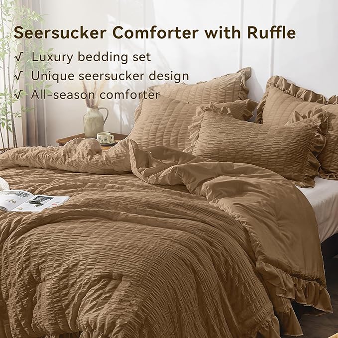 JOLLYVOGUE Full Size Comforter, 3 Pieces Oak Brown Seersucker Lightweight Full - Image 3