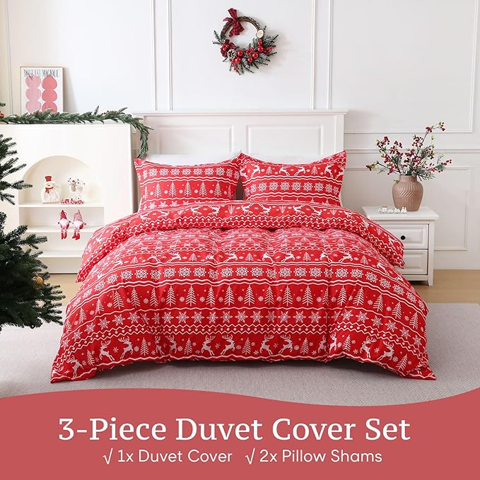 JSD Red Christmas Duvet Cover Set Queen Size, 3 Piece Snowflakes Reindeer - Image 4