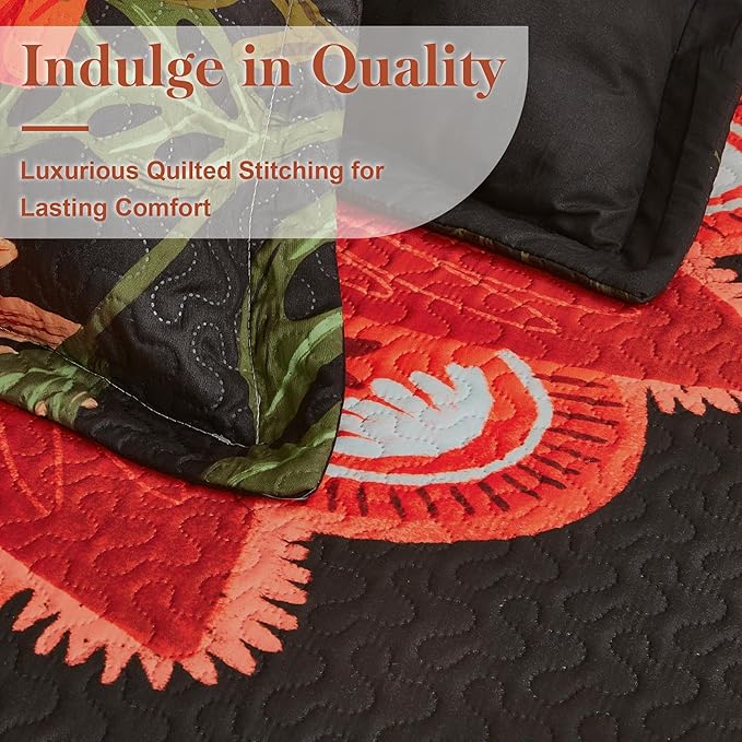 Tyrot 3 Piece Black Red Boho Floral Quilt Sets King Size Farmhouse Reversible - Image 4