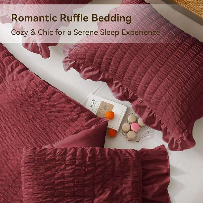 JOLLYVOGUE Queen Comforter Set, 3 Pieces Burgundy Seersucker Comforters Queen - Image 4