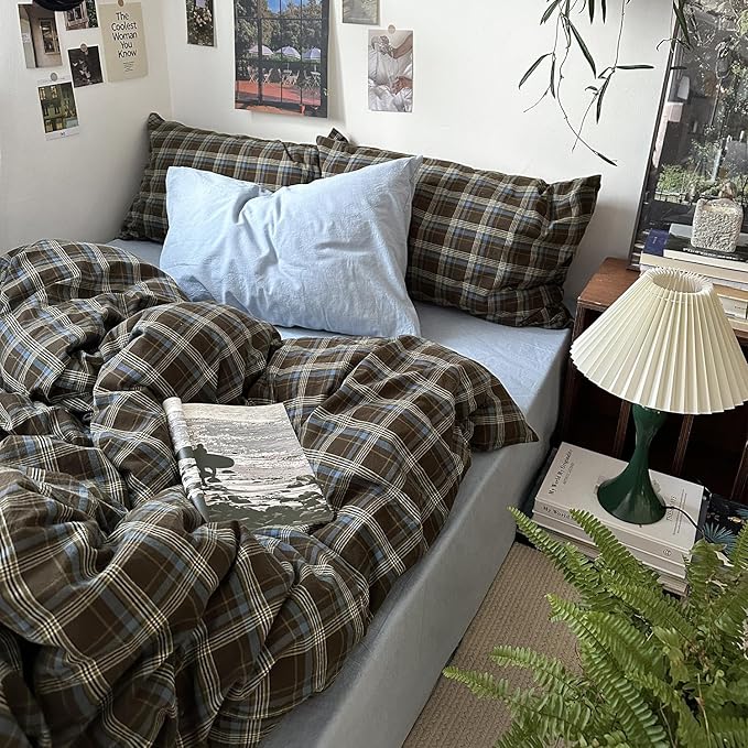 mixinni Vintage Brown & Blue Buffalo Plaid Duvet Cover Set Twin Size by mixinni