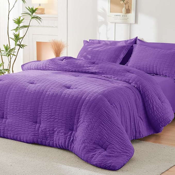 HYMOKEGE Bright Purple California King Comforter Set Seersucker 7 Pieces - Image 8
