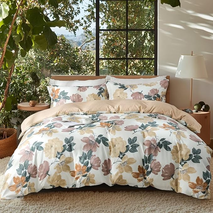 OAITE Duvet Cover Queen Size, Reversible Blooming Flower Orange Duvet Cover Set by OAITE