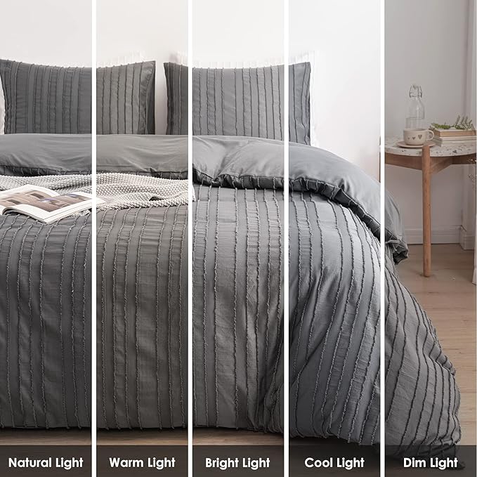 WARMDERN Gray Boho Duvet Cover Set Queen Size, Striped Textured Duvet Cover - Image 7