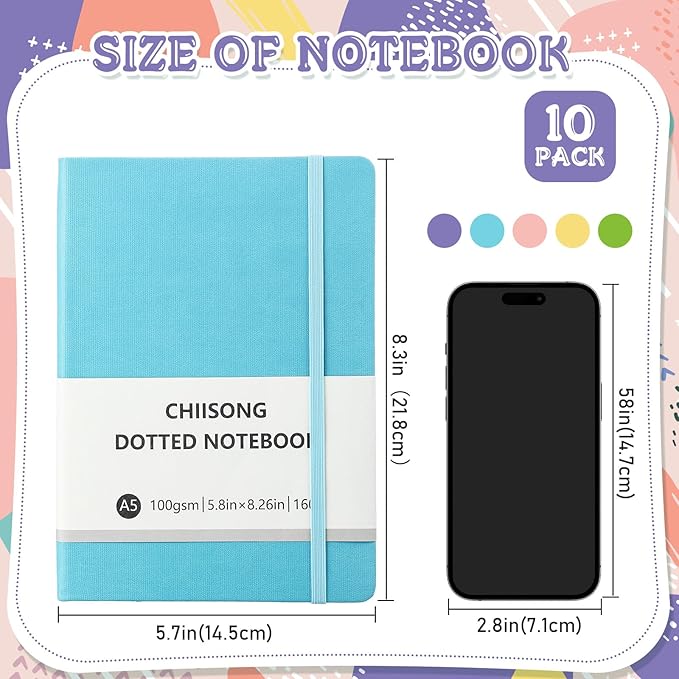 10 Pack Bullet Dotted Journal Notebook Bulk, A5 Dot Grid Notebook with 100 GSM Paper, Leather Hardcover Dotted Journal with 160 Pages for Women Men Writing Journaling Planning, 5.7 x 8.3 Inch-DeskoryOffice
