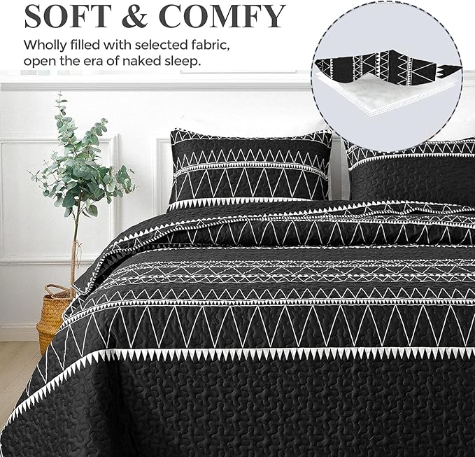 Andency Black California King Quilt Set, 3 Pieces Boho Lightweight Soft Striped - Image 3
