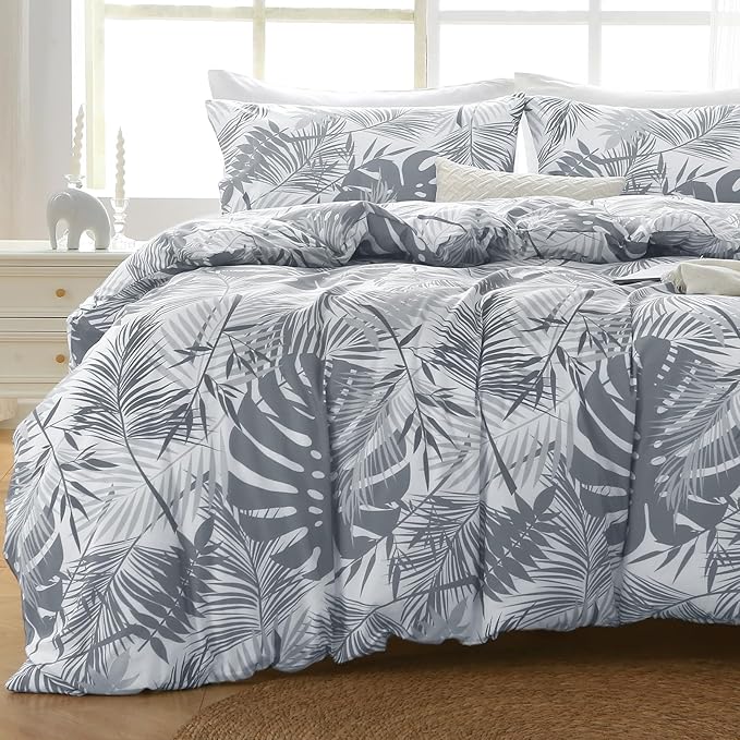 MUXHOMO Duvet Cover Queen Size, Reversible Floral Black & Grey Duvet Cover Set by MUXHOMO