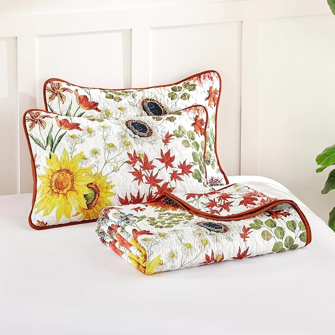 Yiran Fall Floral Quilt Set Queen Size, 3 Pieces Soft Lightweight Microfiber - Image 9