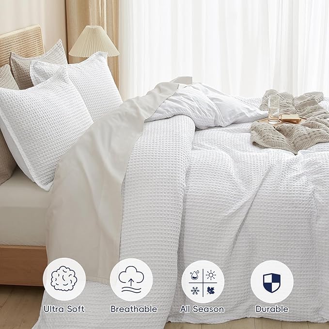 PHF Waffle Weave Duvet Cover Set King Size, No Snagging Ultra Soft Luxury - Image 4