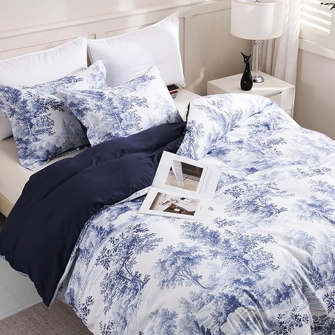 LONAVA Queen Botaincal 3 Pcs Duvet Cover Set, Breathable Soft Microfiber Navy - Image 8