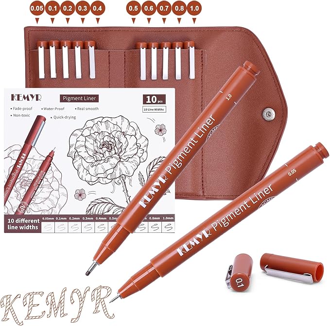 10 Micro Fine liner Drawing Art Pens Calligraphy Pens: 0.05mm-1.0mm Size Art supplies Waterproof Archival Sepia Ink Markers For Artists,Use for Professional Watercolor,Sketching-DeskoryOffice