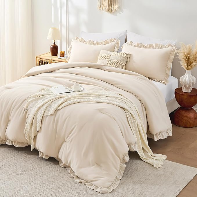 FUANNA Queen Comforter Set Beige 3 Pieces, Ruffle Shabby Chic Queen Bed Set by FUANNA