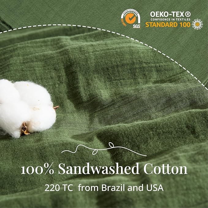 Green Duvet Cover Queen Size, 100% Sandwashed Cotton Soft Queen Duvet Cover Set - Image 3