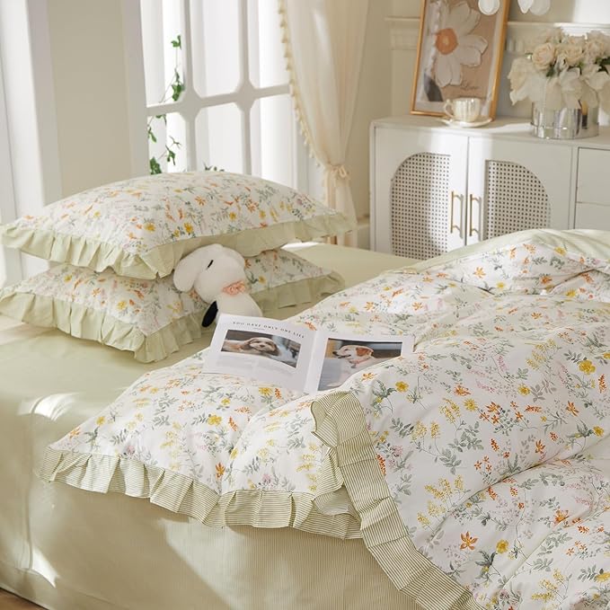 mixinni 100% Cotton Duvet Cover Set Full, Reversible Spring Floral Ruffle Green - Image 4