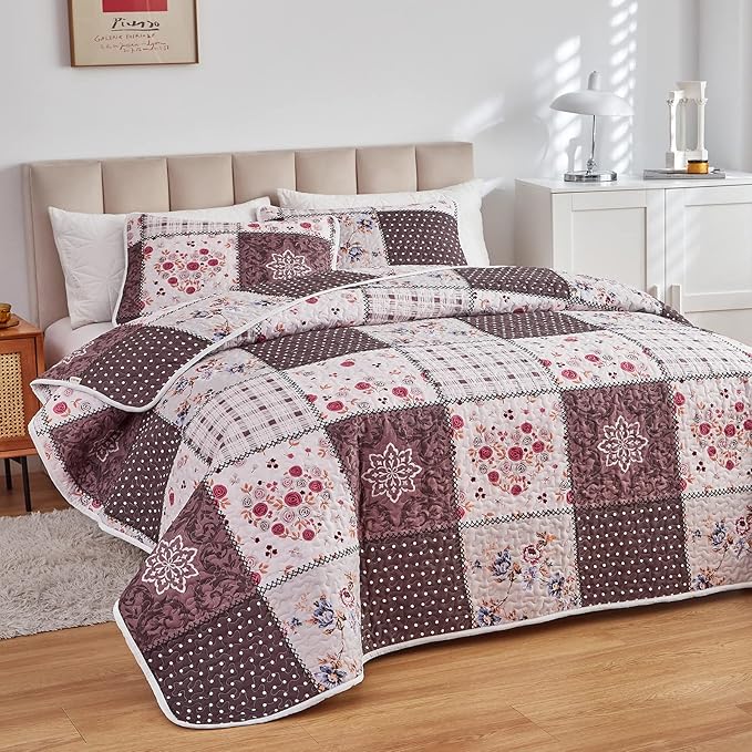Patchwork Quilt Set Twin Size, 2 Pieces Brown White Floral Plaid Design Summer - Image 2