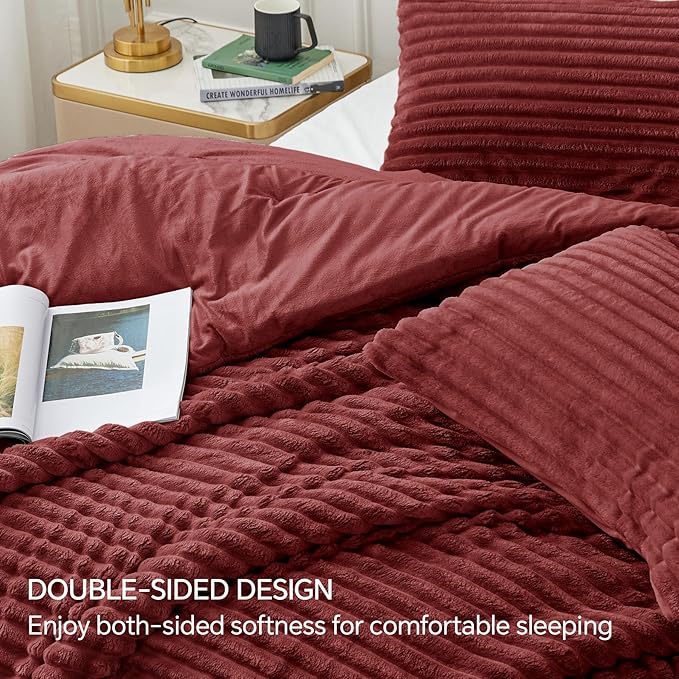 BEDELITE Fleece King Comforter Set -Super Soft & Warm Fluffy Burgundy Bedding - Image 4