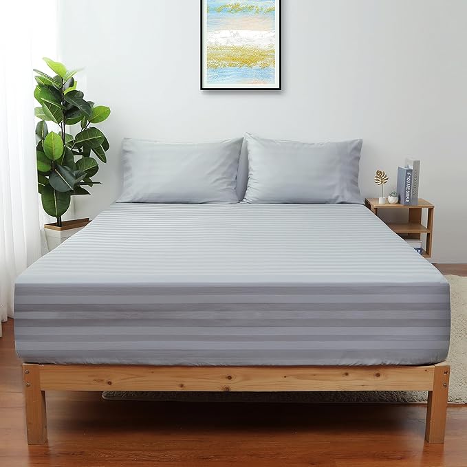 Twin XL Size Striped Fitted Sheet Only Gray Color, 100% Egyptian Cotton 600 by ShunjieHome