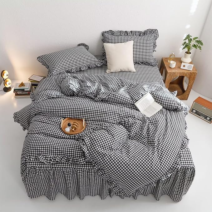 mixinni Black White Gingham Ruffle Duvet Cover Twin XL Size 3 Pieces – 100% - Image 2