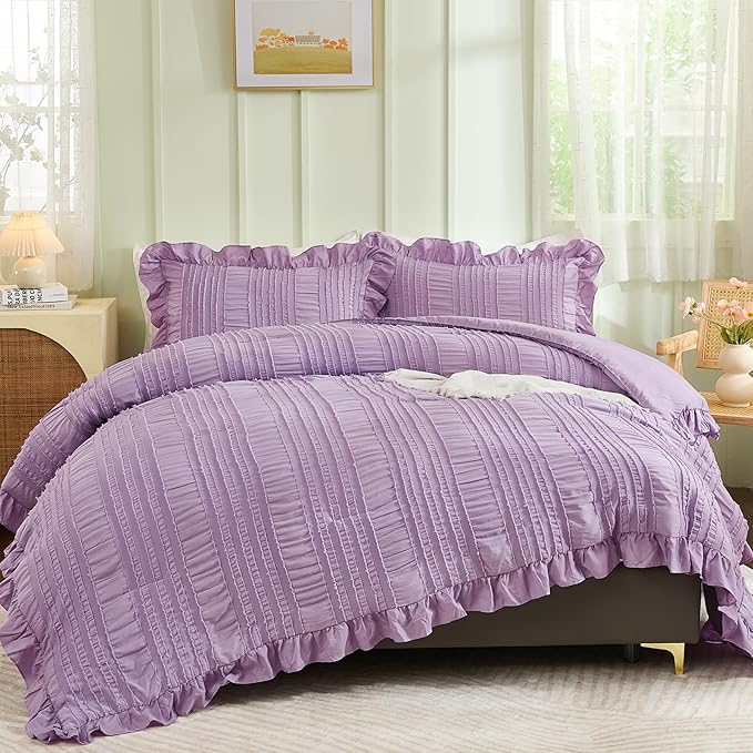 WONGS BEDDING Purple Comforter Set King, 3 Pieces Ruffle Farmhouse Shabby Chic by WONGSBEDDING