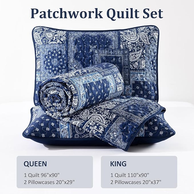 Cottolester Blue Patchwork Quilt Set Queen Size, Boho Navy Blue Quilt Set - Image 8