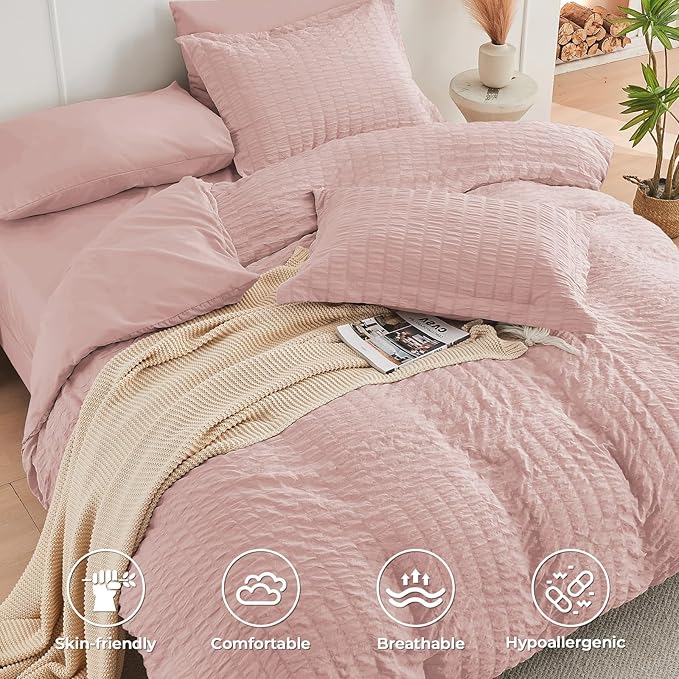 HYMOKEGE Rose Gold Queen Comforter Set Seersucker 7 Pieces, All Season Luxury - Image 3