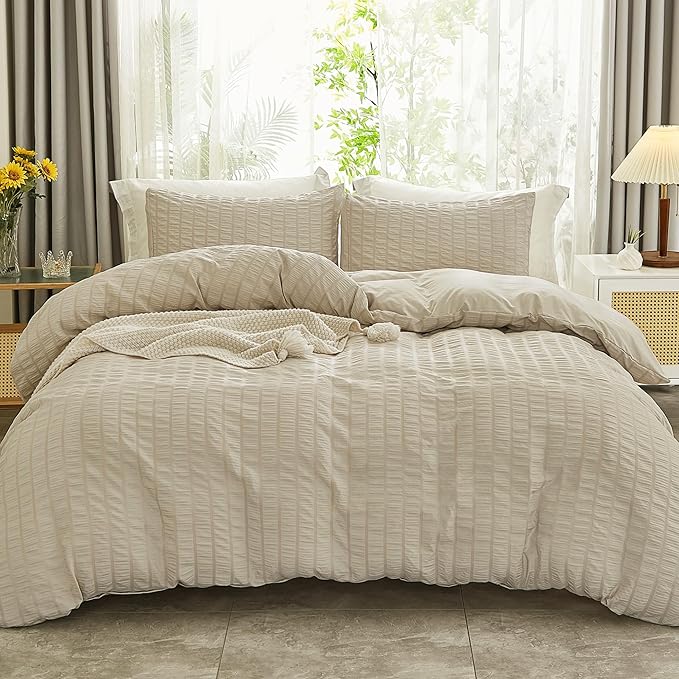 AveLom Beige Seersucker Duvet Cover Set Queen Size, 3 Pieces, Ultra Soft Washed by AveLom