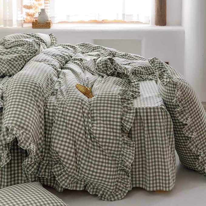 mixinni Green Ruffle Duvet Cover King Size 3 Pieces – 100% Washed Cotton - Image 6