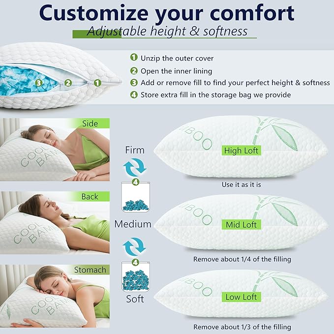 Memory Foam Pillows, Cooling Pillows Queen Size Set of 2 Adjustable Firm Bamboo - Image 3