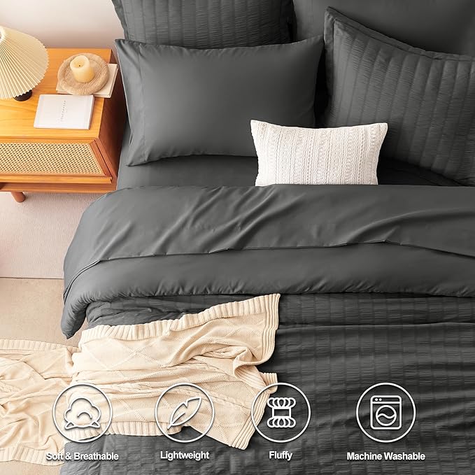 CozyLux Oversized Queen Comforter Set Dark Grey Seersucker 7 Pieces 98x98 Bed - Image 2
