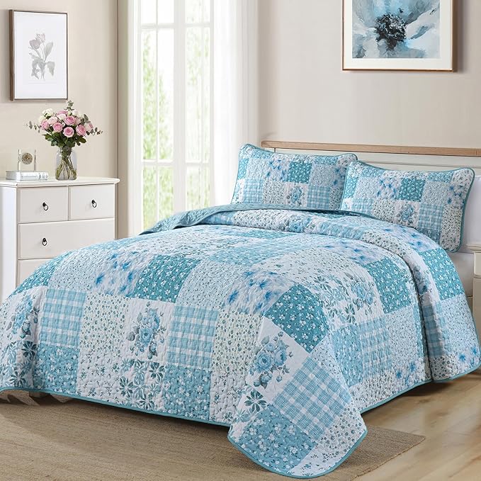 Mybedsoul Blue Patchwork Queen Size Quilt, Soft Boho Floral Spring Bedspreads - Image 2