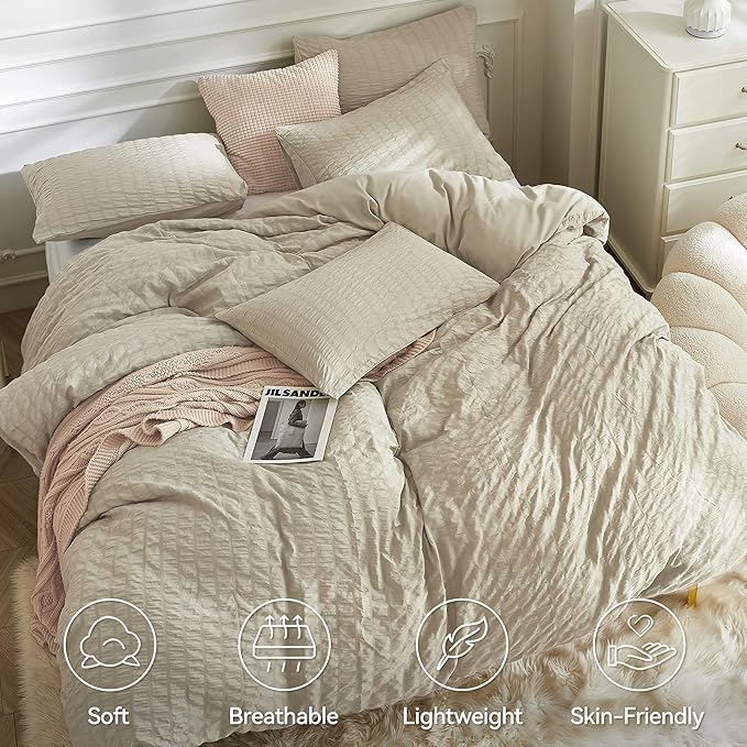 JELLYMONI Light Khaki Duvet Cover Queen Size, Soft Breathable Seersucker Duvet - Image 2