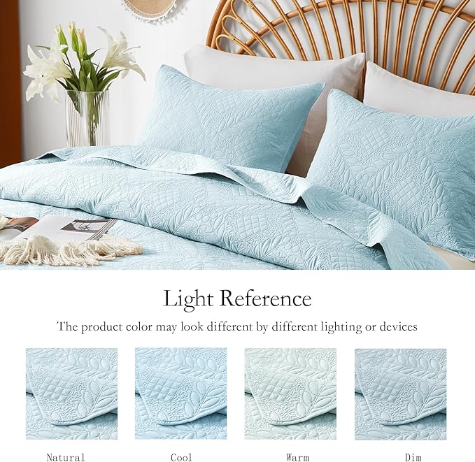 FLYMME Twin Quilt Set, Lightweight Sky Blue Bedspreads, Vintage Olive Leaf - Image 5