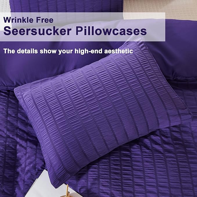 AveLom Dark Purple Duvet Cover Full, 3 Pieces, Seersucker Tripe Soft Washed - Image 6