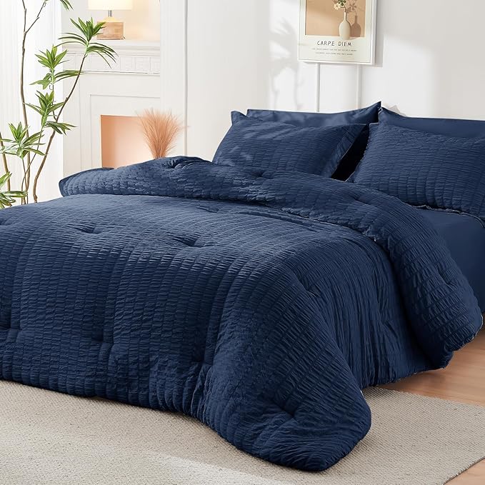 HYMOKEGE Navy Blue King Size Comforter Set Seersucker 7 Pieces, All Season - Image 8
