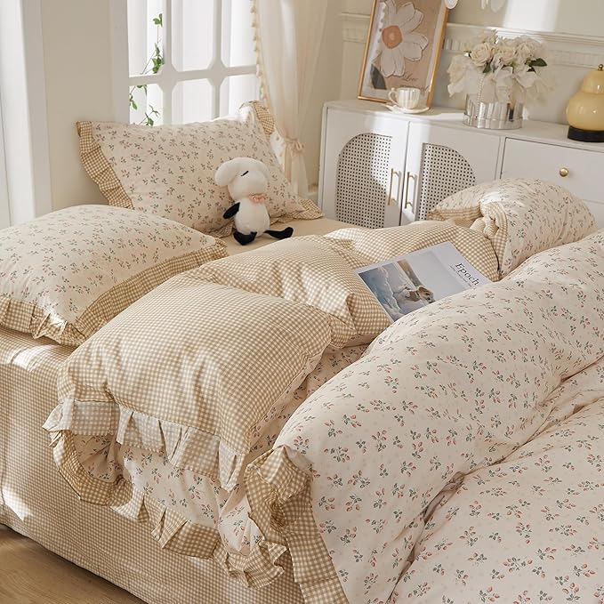mixinni Beige Floral Duvet Cover Queen Size, 100% Cotton Cute Strawberry Floral - Image 4