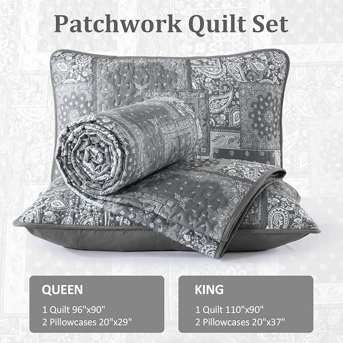 Cottolester Grey Quilt Set Queen Size, 3 Pieces Boho Patchwork Paisley Quilt Set - Image 6